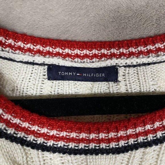 Tommy Hilfiger Cable Knit Sweater Dress Ivory Red Spell Out Logo Chunky - Picture 3 of 10